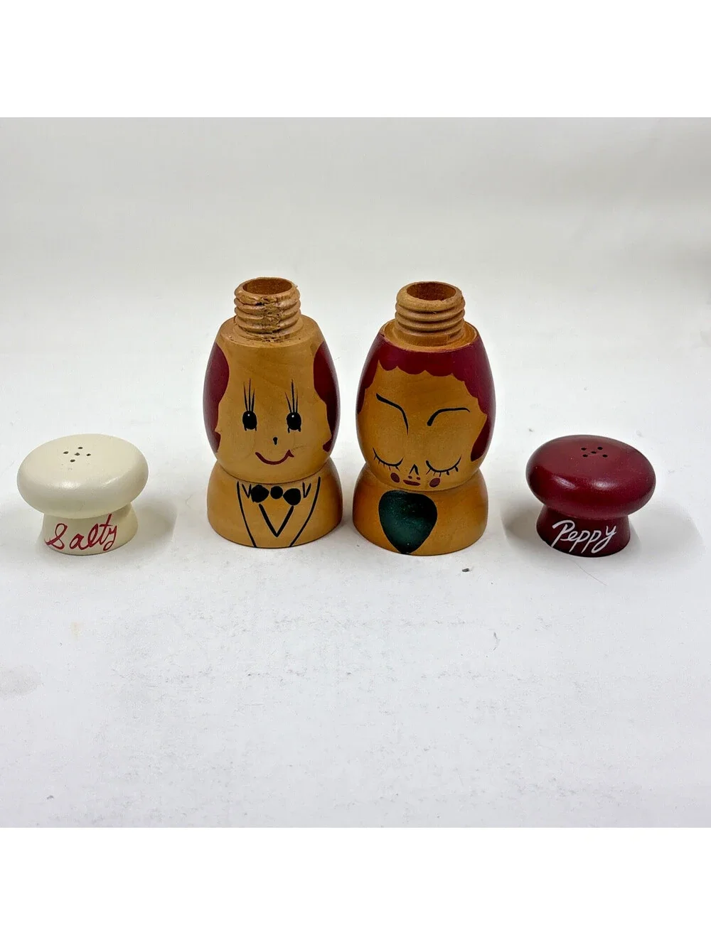 Vintage Salty and Peppy Shakers Painted Wood Chef Fun Retro Whimsy